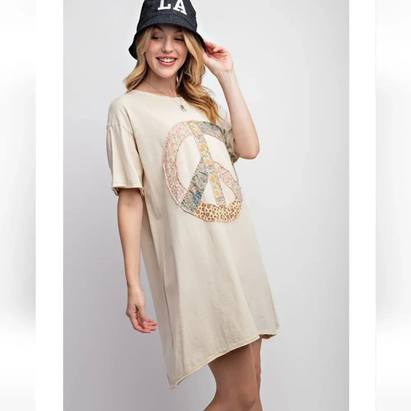 New! Easel Peace Patch Washed Cotton Jersey T-Shirt Tunic Dress L - Picture 4 of 6